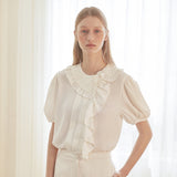 [LINE] Unbalanced Shirring Frill Blouse (Ivory) (6696315584630)