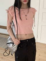 ショルダースリットリボンストラップクロップ半袖Tシャツ/Tino shoulder slit ribbon strap crop short sleeve T-shirt