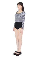 ハウンドチェックスクエアネックラッシュガードトップ/Hound check square neck rash guard top (black)
