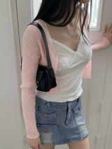 リーミングサマーシースルーワンボタンクロップ長袖カーディガン【6色】/[6 colors] Leoming summer see-through one-button cropped long-sleeved