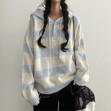 Roneck button stripe hooded knitwear