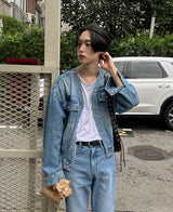 カラーレスブーツカットデニムパンツ/Collarless bootcut denim
