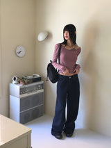 Gtel Vintage Striped Deep U-Neck Long Sleeve T-Shirt