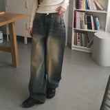 Kama yellow washed vintage long wide denim pants