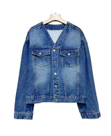 カラーレスデニムジャケット/Collarless denim jacket