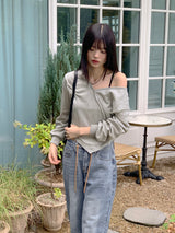 ソーンストリングウォッシングロングワイドデニムパンツ