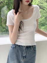 フブルビンテージリボンパンチングレースウェーブクロップド半袖Tシャツ / Hubble Vintage Ribbon Punching Lace Wave Cropped Short-Sleeved T-Shirt