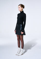 BLACK GODET PLEATED VEGAN LEATHER SKIRT (6624197017718)