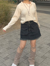 ワッフルカットアウトダイアゴナルニットフード / Waffle cut diagonal knit hood