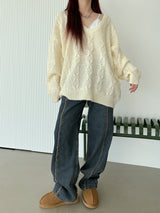 ウールVネックツイストニット/Wool V-neck Twist Knit (3color)