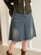 Bamit Vintage Washing Slit Midi Denim Skirt