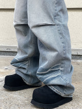 crack light blue washing dart wide denim pants