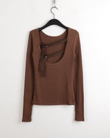 Tatin back buckle strap slit long sleeve t-shirt