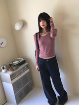 Gtel Vintage Striped Deep U-Neck Long Sleeve T-Shirt