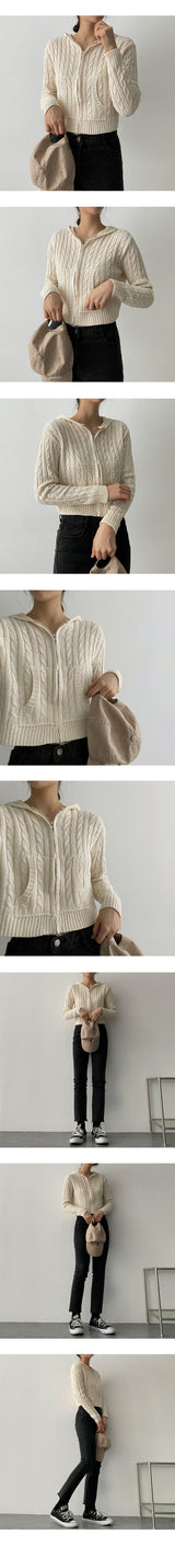 テリーツイストブレッドベースクロップドニットフーディジップアップ / Terry Twisted Bread-based Cropped Knit Hoodie Zip-Up