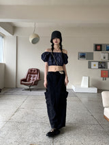 ミネンデニムオフショルダークロップド半袖ブラウス / Minen Denim Off Shoulder Cropped Short Sleeve Blouse