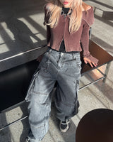 grunge washing off-shoulder crop two-way zip-up