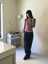 Gtel Vintage Striped Deep U-Neck Long Sleeve T-Shirt