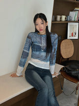 Denim see-through long sleeve top