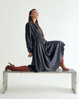 V-NECK CREASE SHIRRING ONEPIECE - DARK GRAY (6635995660406)