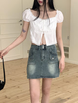 ティートンレトロポケットミニデニムスカート/Teaton Retro Pocket Mini Denim Skirt