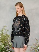 フラワーキャットレタリングスウェットシャツ / Flower Cat Lettering Sweatshirt (Black)