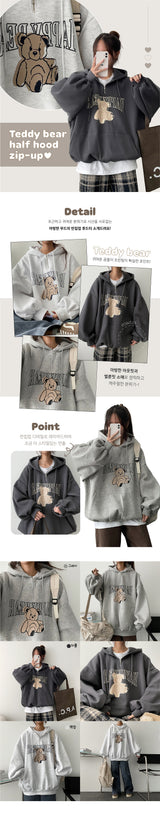 [Fleece] ipple Bear Oversized Fit Half Zip-Up Balloon Hood