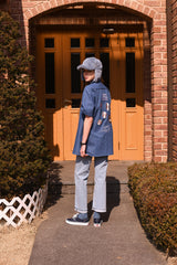 ベースボール刺繍ユニセックス半袖シャツ / Baseball Grand Embroidery Short-Sleeved Unisex Denim Shirt