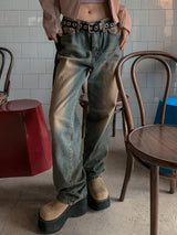 (UNISEX) ウエストサンドウォッシングワイドデニムパンツ