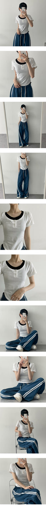 レミススパンデックスラウンドボタンスリーブTシャツ / Remiss Spandex Round Button Short-Sleeved T-Shirt