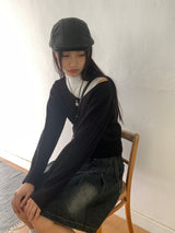 High knee ribbed V-neck semi-crop long-sleeve knit