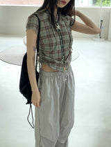 テユストリングシャーリングリネンチェックフードシャツカミス / Teyu String Shirring Linen Check Hooded Shirt Camis