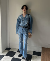 カラーレスブーツカットデニムパンツ/Collarless bootcut denim
