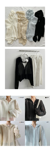 マリーンシースルーサマーニットウェアフーデッドジップアップ / Marine See-Through Summer Knitwear Hooded Zip-Up