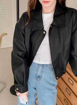 Classic Autumn Crop Leather Jacket (2color)