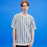 ストライプヘンリーネックハーフスリーブニット/Stripe henley neck half sleeve knit