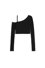ツーウェイリブドアシメトリックニットトップ / TWO WAY RIBBED ASYMMETRIC KNIT TOP (BLACK)