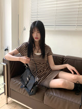 ローナビンテージストライプカラー半袖ミニワンピース/ Rona Vintage Stripe Collar Short Sleeve Mini One Piece