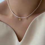 淡水パールコインクロスレイヤードチョーカーネックレス/daco Silver 925 Fresh Water Pearl Coin Cross Layered Choker Necklace
