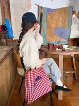 Porto check pattern bag picnic check cotton cloth bag cross shoulder tote bag L size