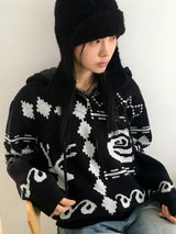 Beorose jacquard pattern hooded knit zip-up