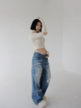 ローライズパッチデニムズボン/low-rise patch denim trousers