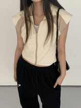 スポーツセミクロップベストジップアップ/Slon  Sporty Color Semi-Crop Short-Sleeved Vest Zip-Up
