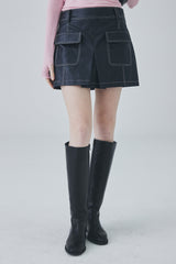 ビーガンレザースティッチミニスカート / Vegan Leather Stitch Mini Skirt [Black]