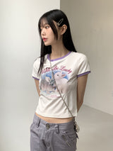 アンサーウサギプリント配色バインディングクロップ半袖Tシャツ/Answer Rabbit Print Color Matching Binding Cropped Short Sleeve T-shirt