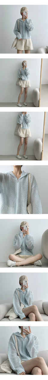 マリーンシースルーサマーニットウェアフーデッドジップアップ / Marine See-Through Summer Knitwear Hooded Zip-Up