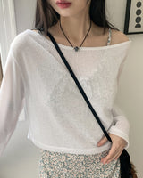 リードリネンボートネックビーチウェアクロップド長袖Tシャツ / Reid linen boat neck beach wear cropped long-sleeved T-shirt