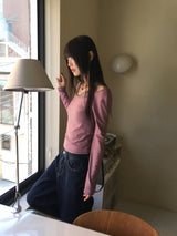 Gtel Vintage Striped Deep U-Neck Long Sleeve T-Shirt