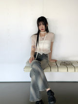 ティルダスカーフシースルー斜めクロップ半袖Tシャツセット / 【SET】Tilda Scarf See-Through Diagonal Crop Short Sleeve T-Shirt Set