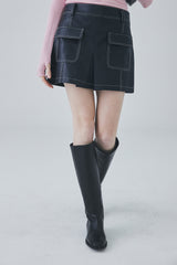 ビーガンレザースティッチミニスカート / Vegan Leather Stitch Mini Skirt [Black]